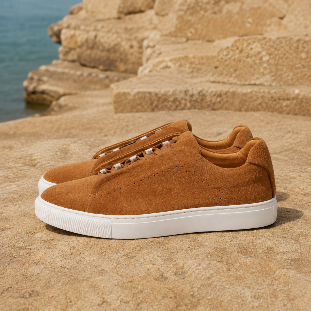 Sneakers homme marron clair de profil, empiècement central et lacets plats