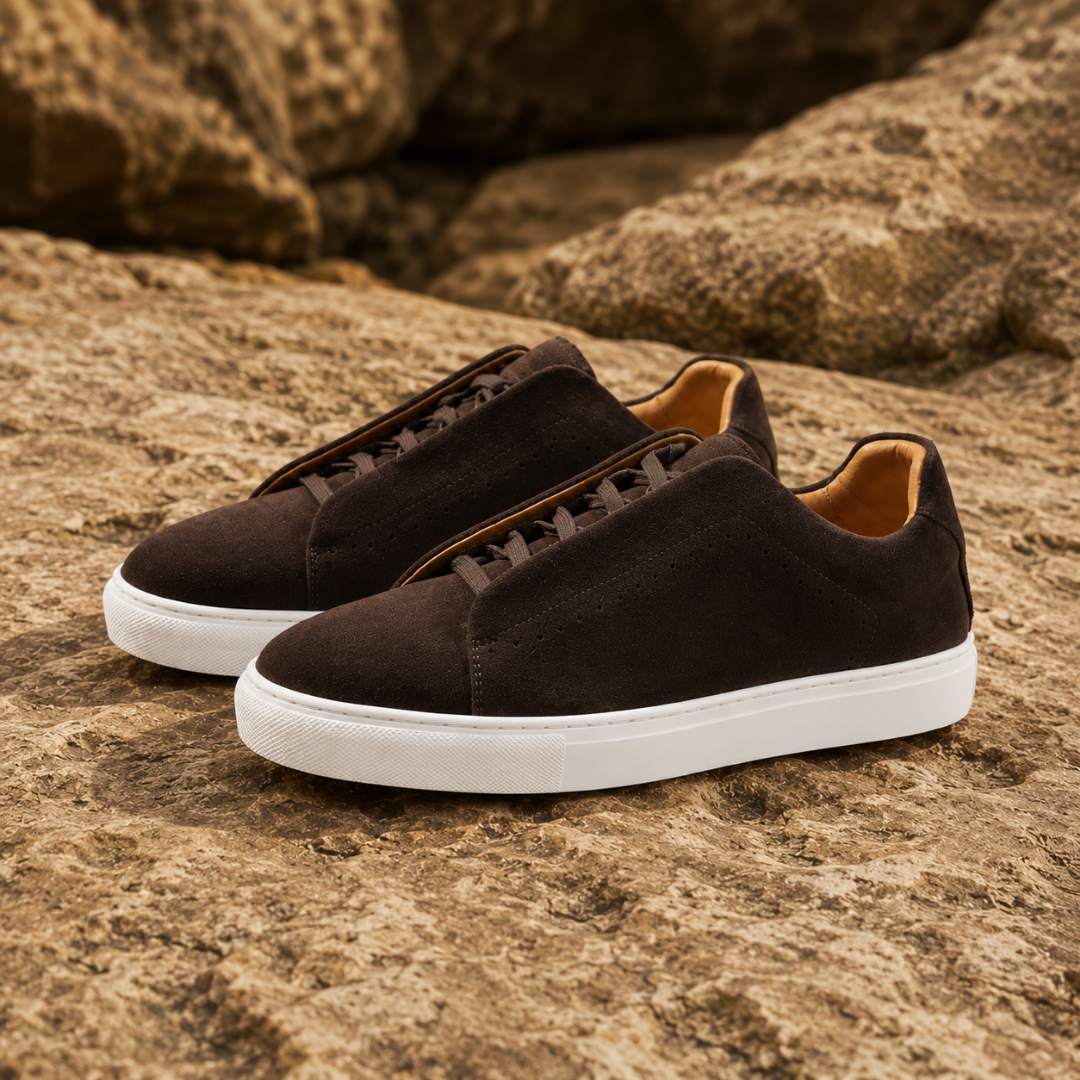 Sneakers homme marron foncé à semelle blanche et lacets plats discrets