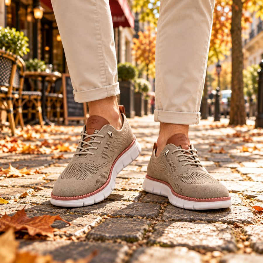 Sneakers homme kaki en maille texturée portées avec un chino clair retroussé