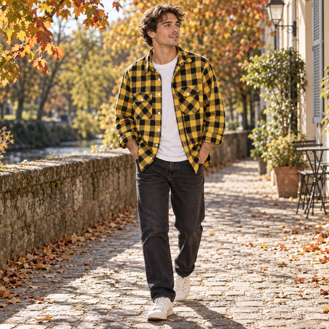 Surchemise homme jaune à carreaux noirs avec poches poitrine à rabat