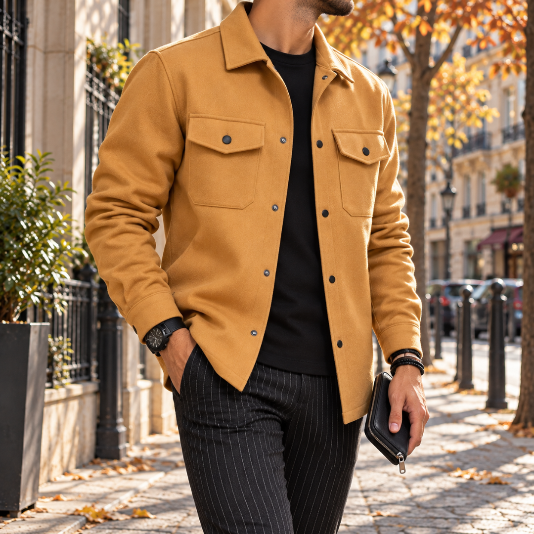 Surchemise homme jaune portée ouverte, base arrondie et pressions sur toute la hauteur