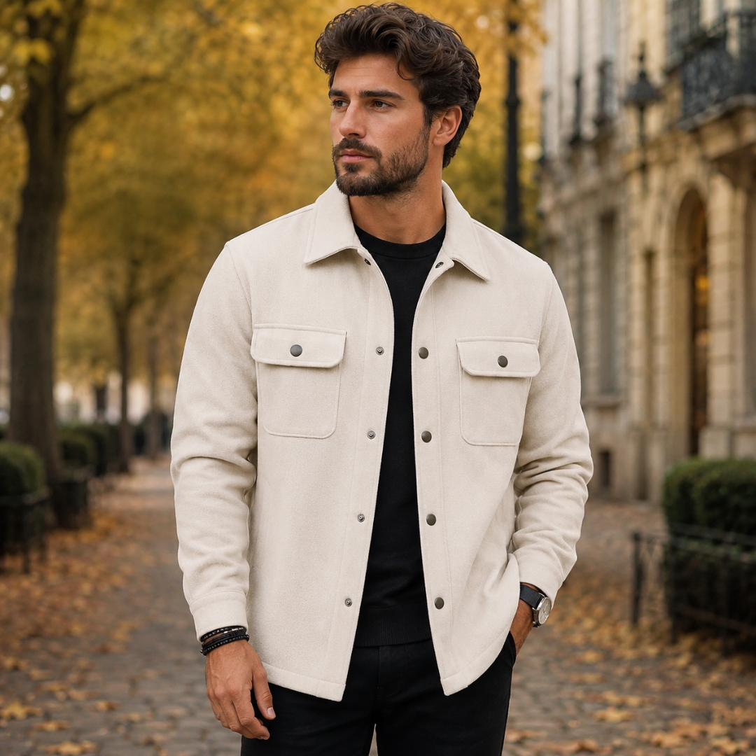 Surchemise homme beige à col ouvert, poches plaquées et tombé souple en ville