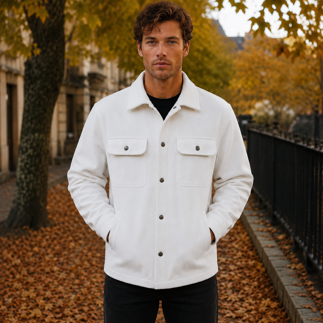 Surchemise blanche portée ouverte sur t-shirt noir, boutons-pression métalliques visibles