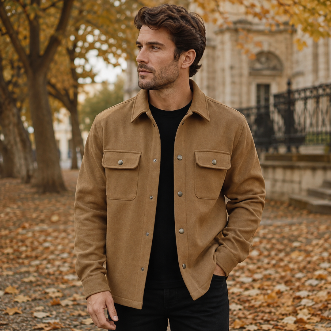 Surchemise homme marron clair boutonnée, larges poches poitrine et col rabattu marqué