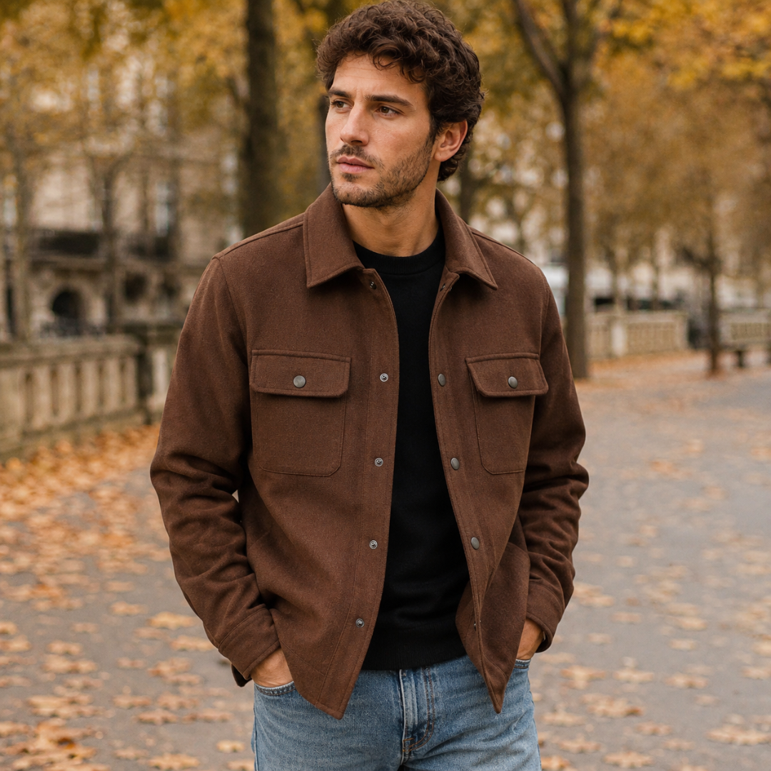Surchemise homme marron foncé sur t-shirt noir, poches poitrine et coupe droite