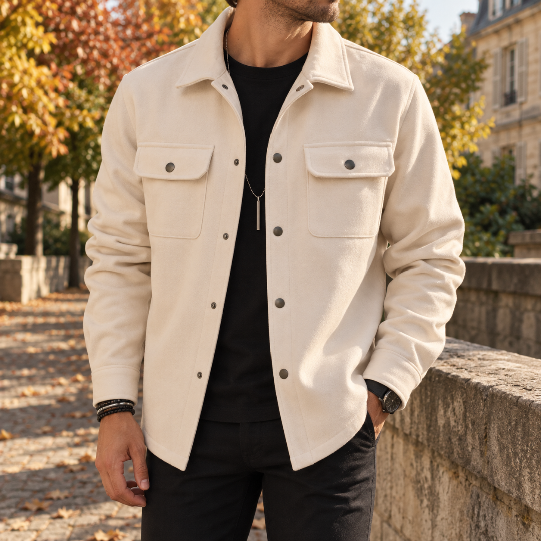 Surchemise homme beige crème avec col ouvert et boutons pression foncés alignés