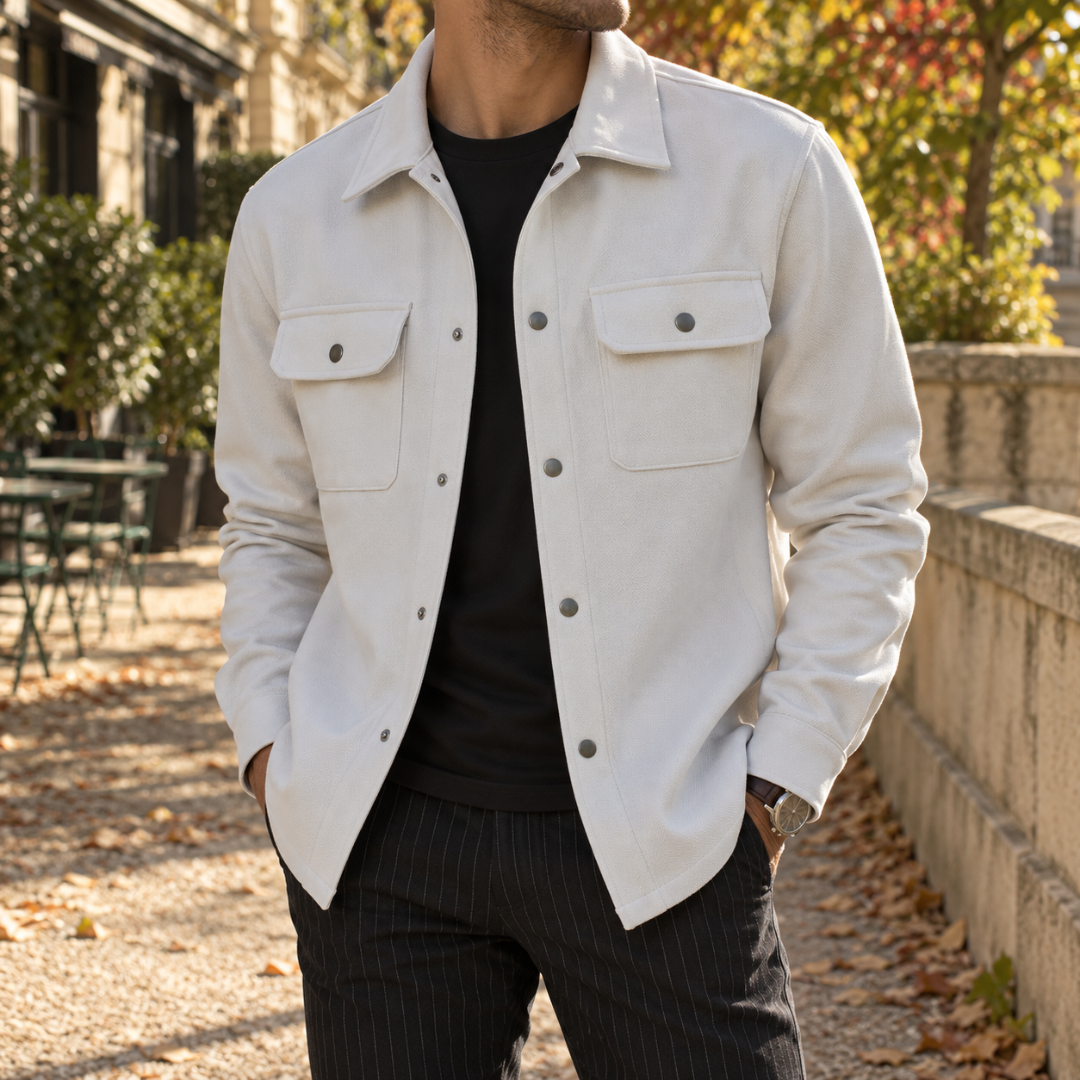 Surchemise homme blanche sur t-shirt noir, deux poches poitrine à rabat boutonnées