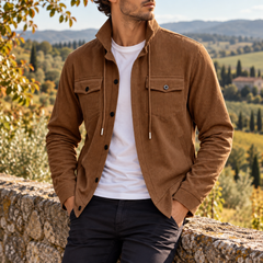 Surchemise marron en velours côtelé, cordon de serrage et rabats boutonnés
