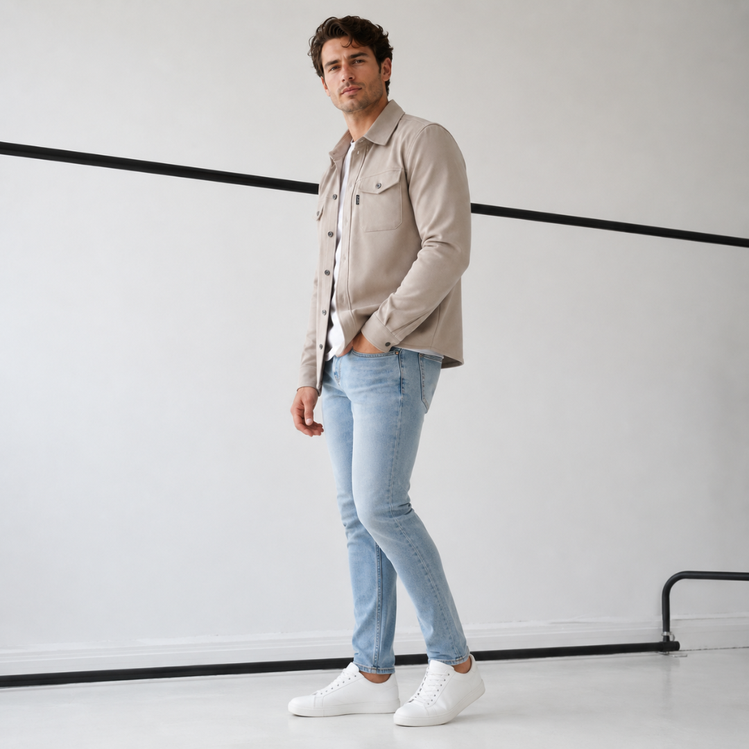 Homme de trois quarts en surchemise abricot, manches longues et col rabattu