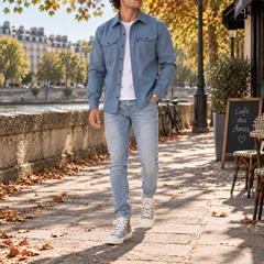 Surchemise homme bleu clair portée ouverte sur t-shirt blanc et pantalon clair