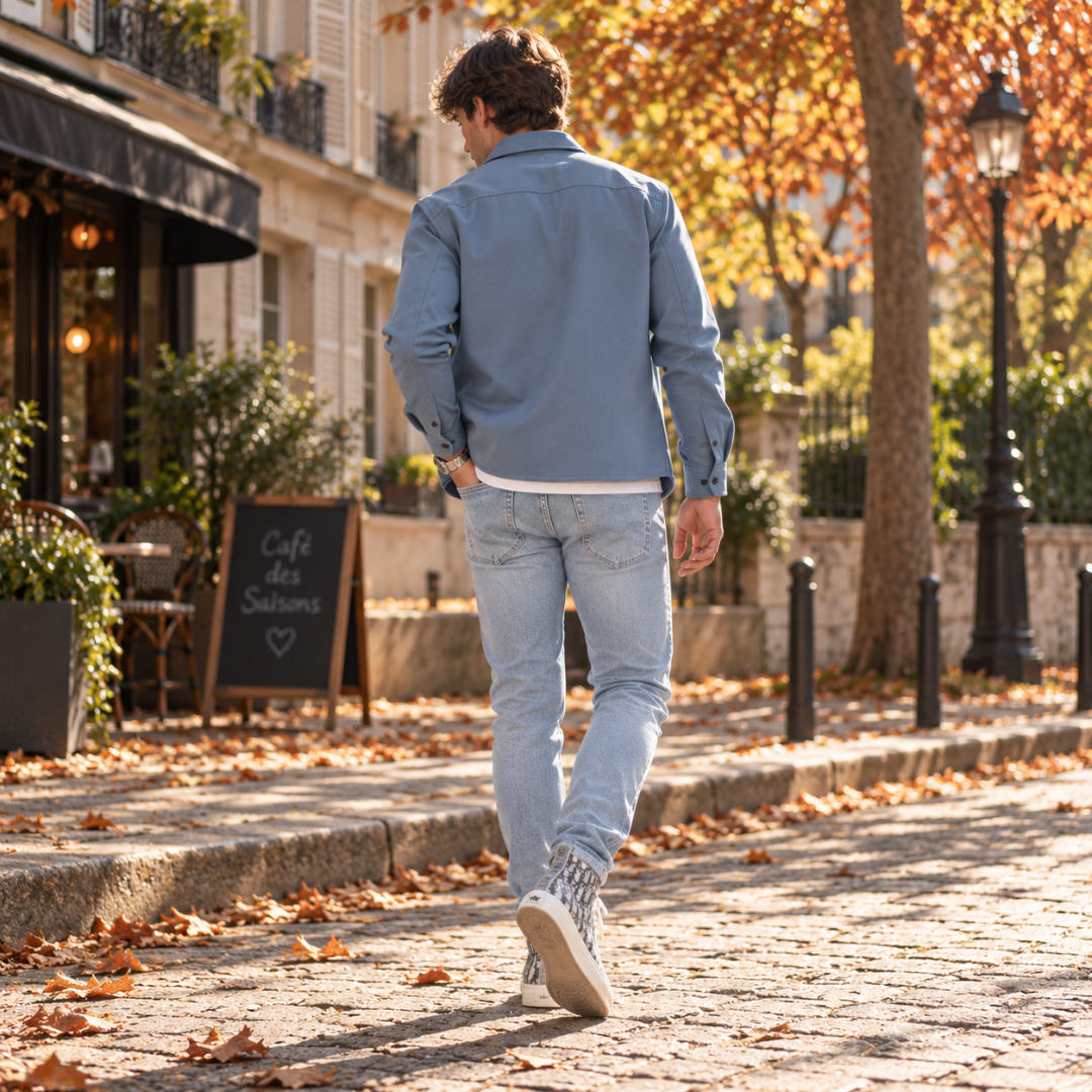 Dos de la surchemise bleu clair avec empiècement d'épaule et poignets boutonnés