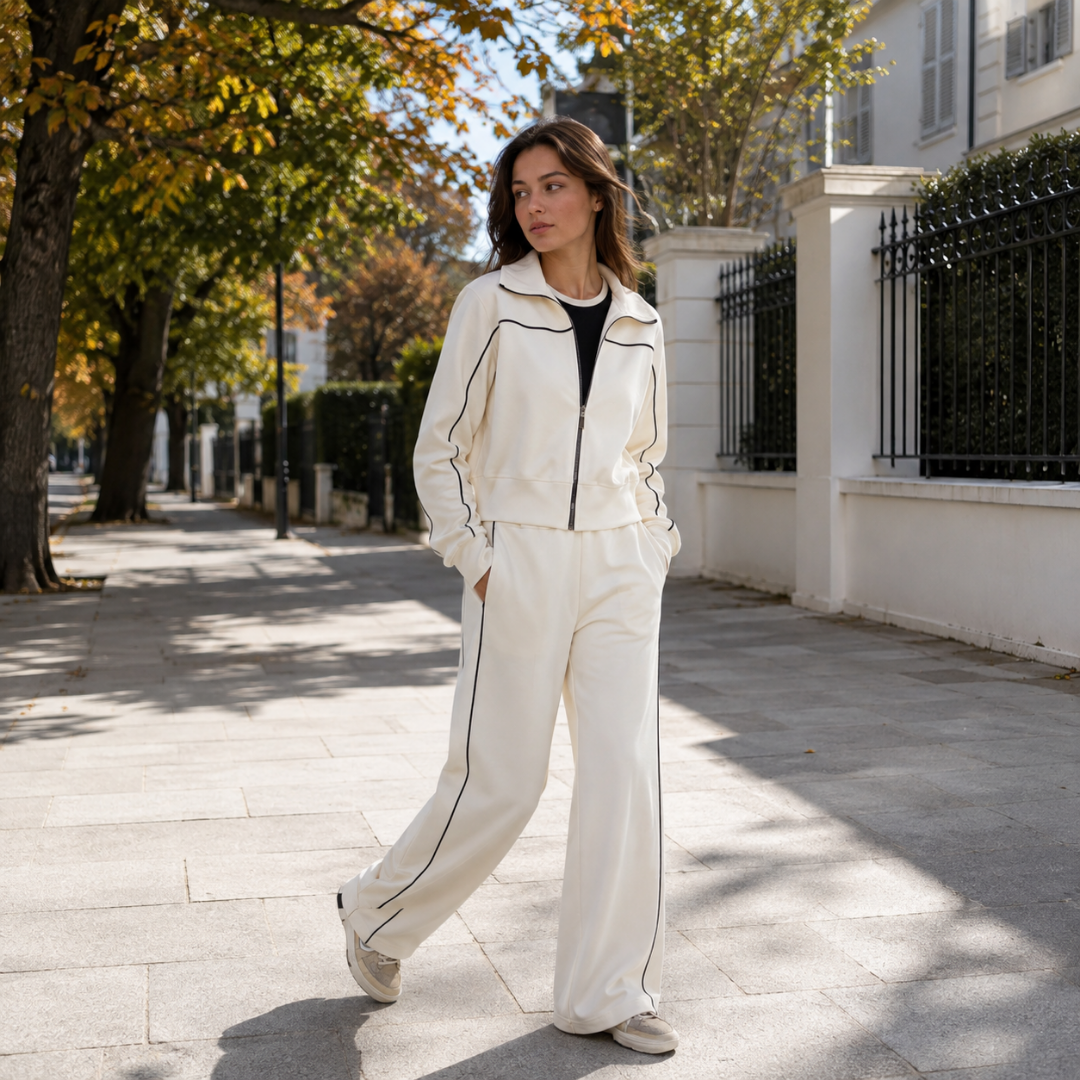 Survêtement blanc, veste zippée à col montant et liserés foncés contrastants