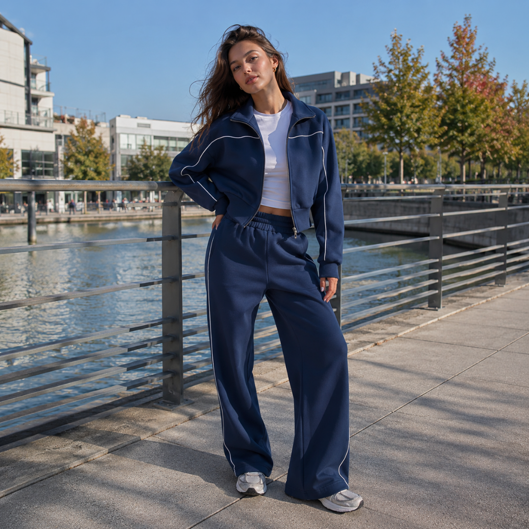 Survêtement bleu, veste zippée à col montant et liserés blancs contrastants