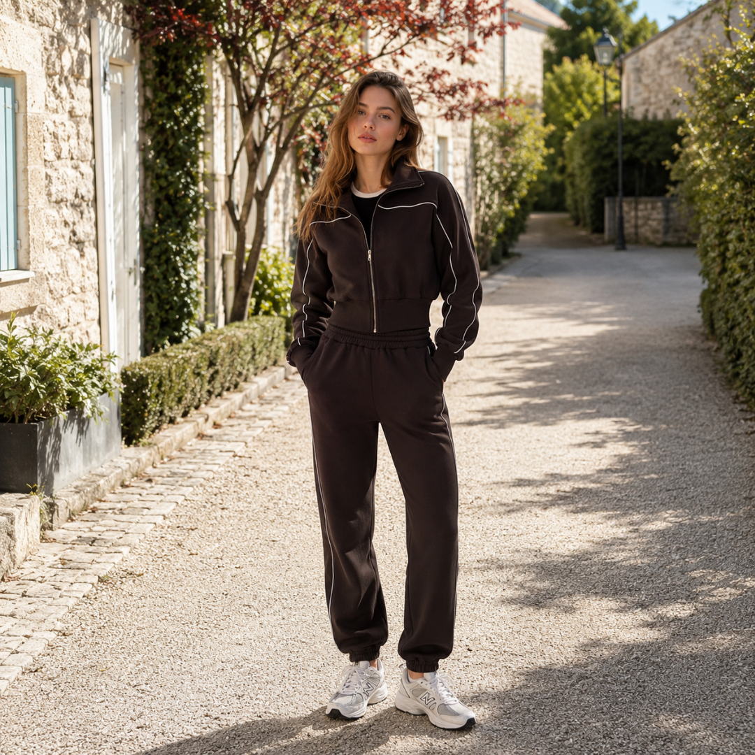 Survêtement marron avec veste zippée à liserés clairs et pantalon à taille élastiquée