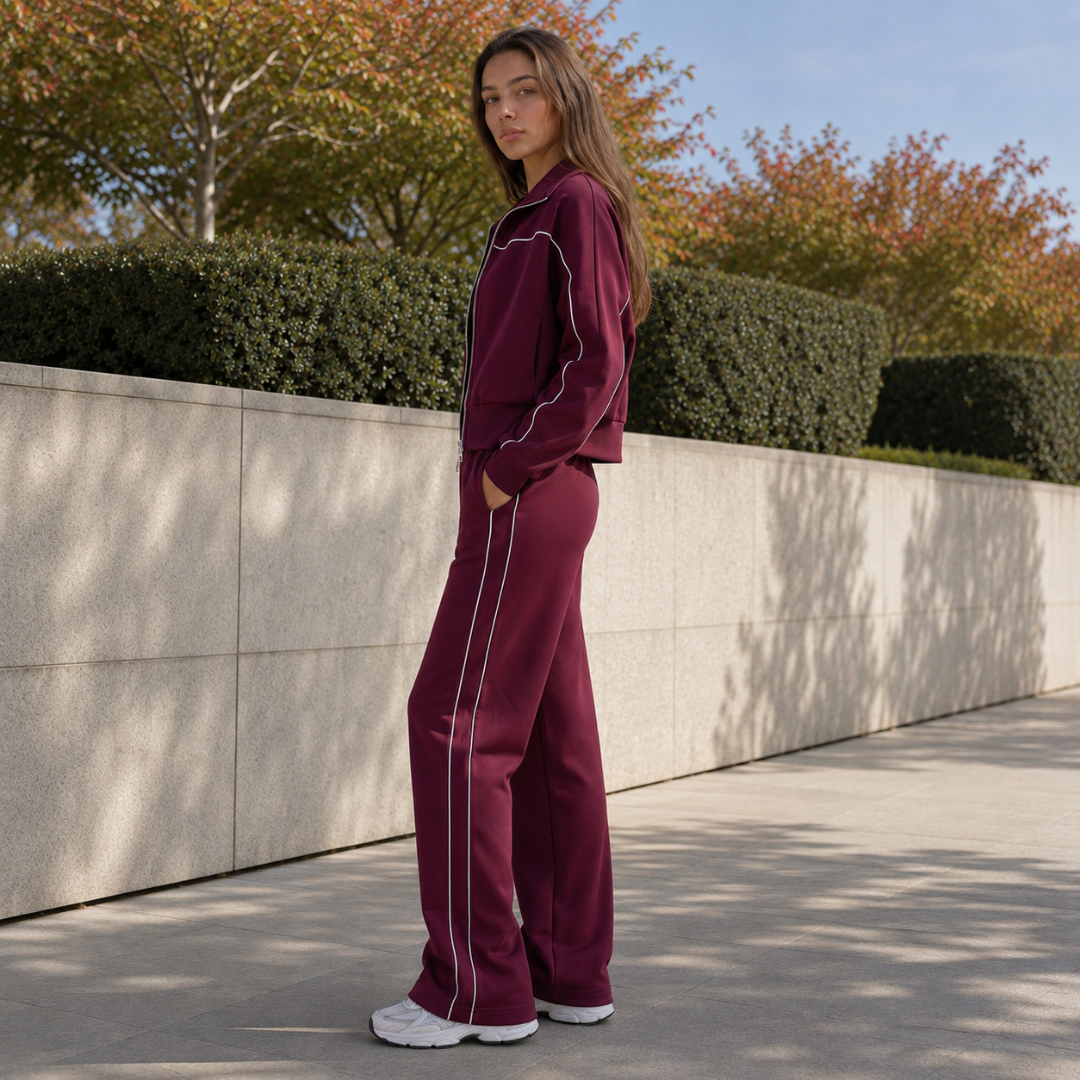 Ensemble rouge vu de profil, veste zippée courte et pantalon à liseré latéral
