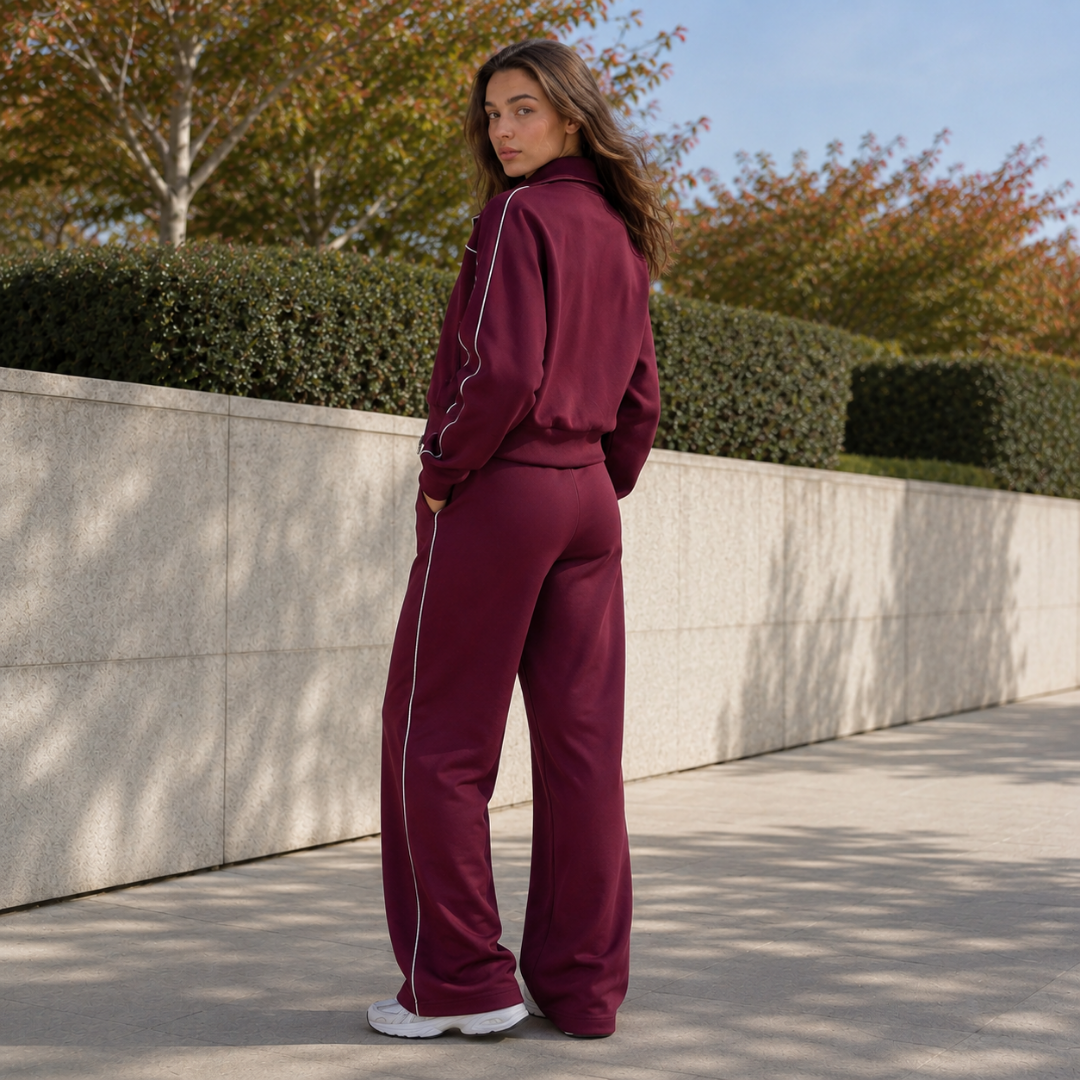 Survêtement rouge vu de dos, liserés blancs sur la veste et le pantalon