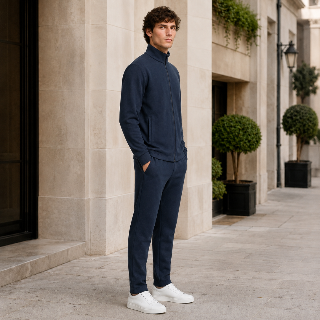 Veste zippée bleu marine de trois quarts avec pantalon droit assorti, mains en poche
