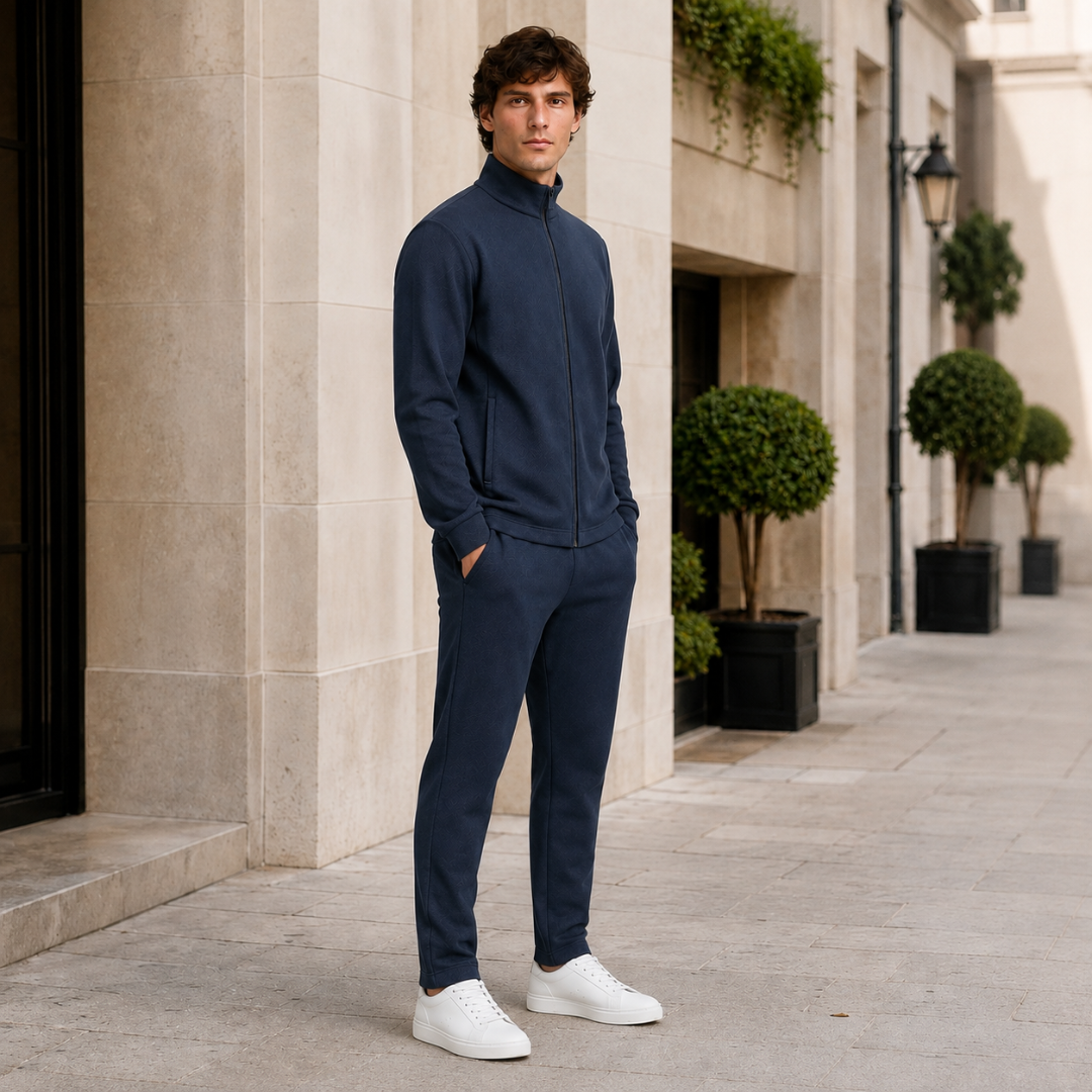 Ensemble homme bleu marine deux pièces avec poches latérales, porté avec baskets blanches