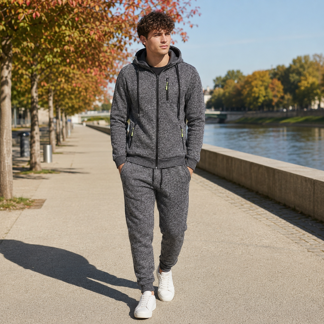 Survêtement homme gris chiné avec veste à capuche zippée et pantalon resserré aux chevilles