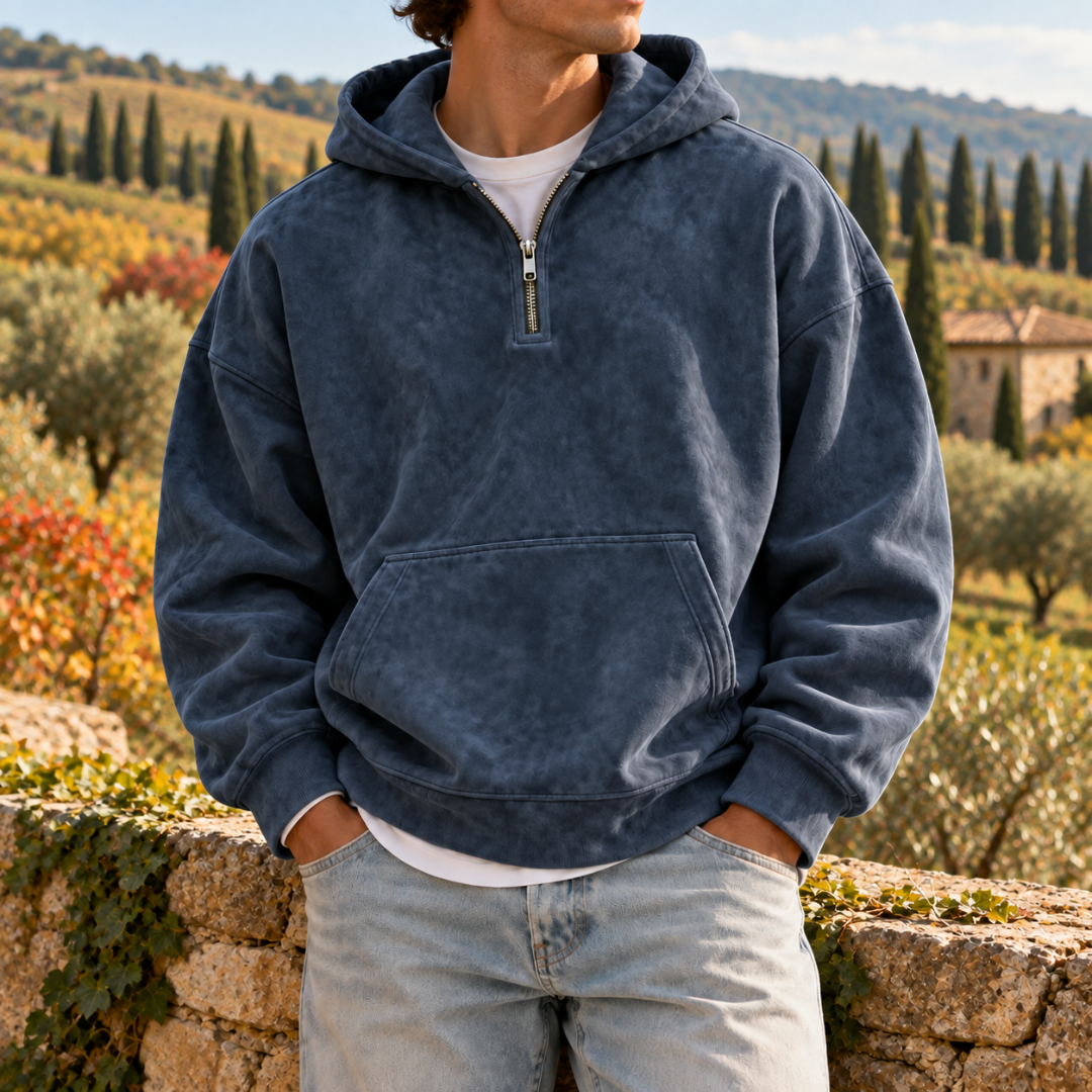 Sweat à capuche homme bleu marine délavé avec poche kangourou et bas côtelé