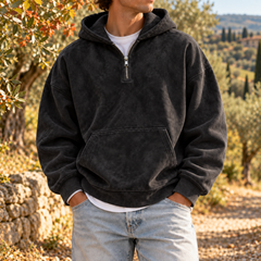 Sweat à capuche homme noir délavé avec demi-zip et poche kangourou
