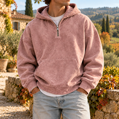 Sweat à capuche homme rose délavé avec demi-zip et grande poche kangourou