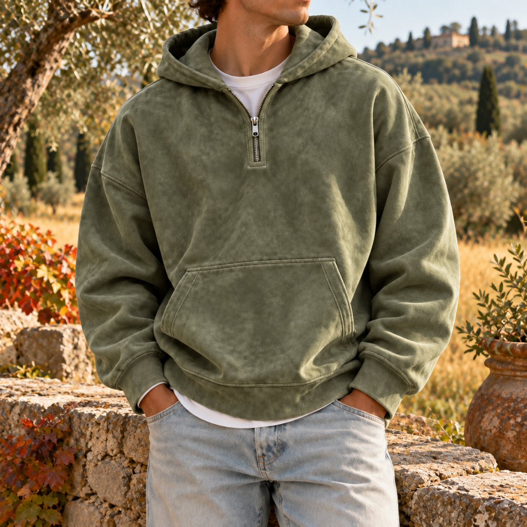 Sweat à capuche homme vert armée avec demi-zip et grande poche kangourou