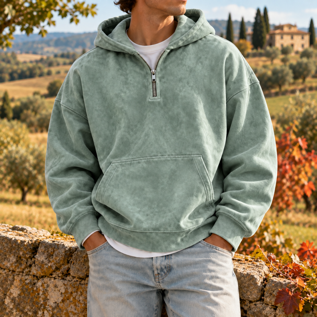 Sweat à capuche homme vert clair délavé, capuche large et demi-zip