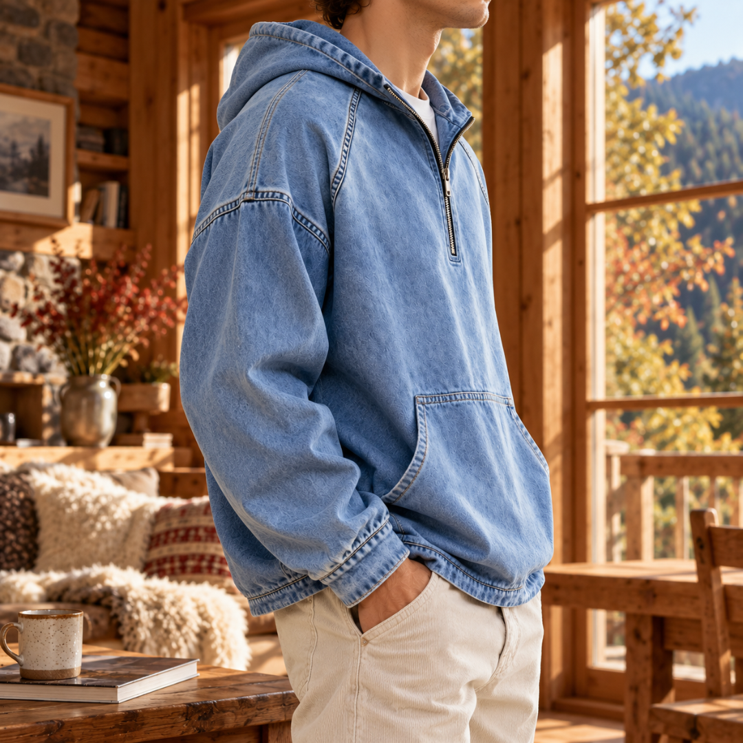 Sweat à capuche bleu clair de trois quarts, aspect délavé et poche kangourou