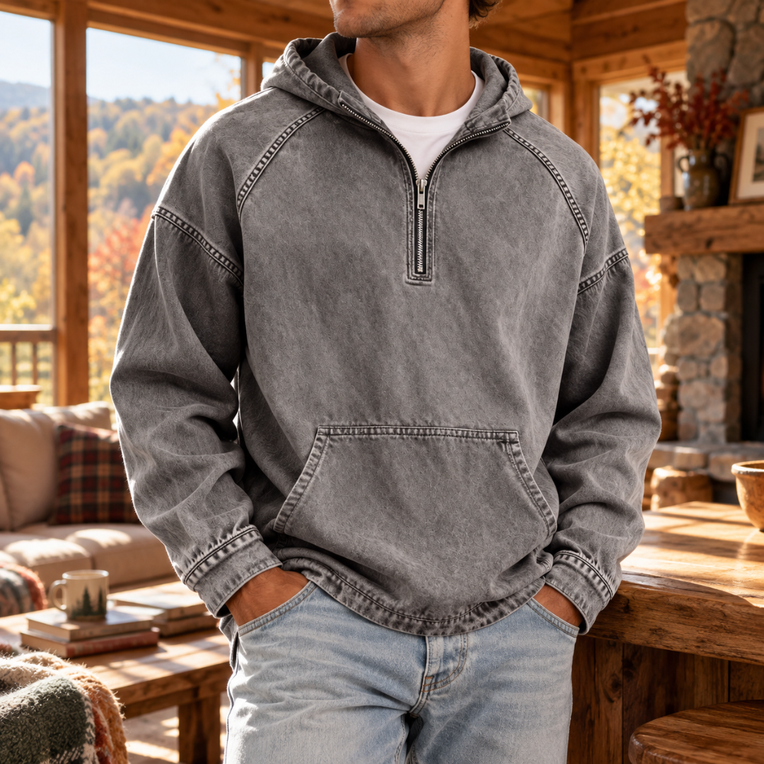 Sweat à capuche homme gris délavé avec demi-zip et large poche kangourou