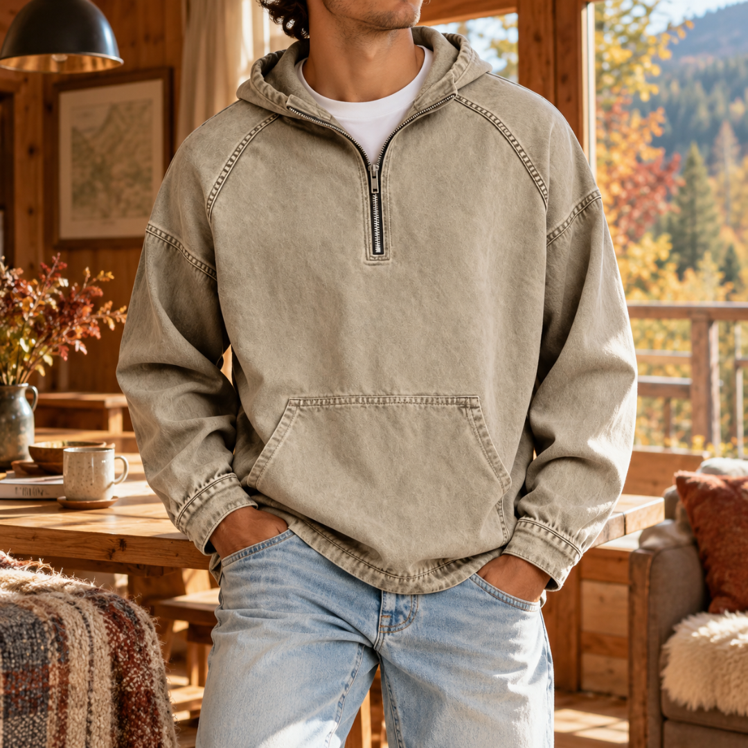 Sweat à capuche homme kaki à demi-zip, grande poche kangourou sur le devant