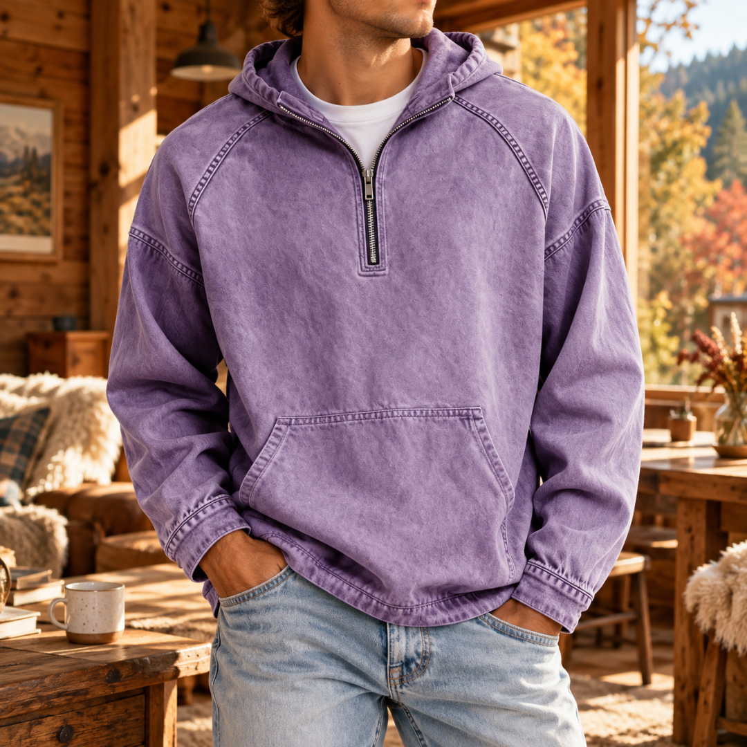 Sweat à capuche homme lavande à demi-zip, capuche souple et poche ventrale