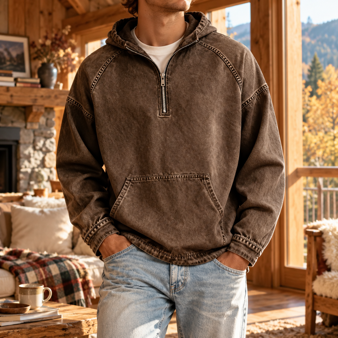 Sweat à capuche homme marron foncé à demi-zip, capuche et poche ventrale