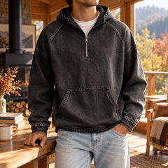 Sweat à capuche homme noir délavé à demi-zip, manches raglan et poche ventrale