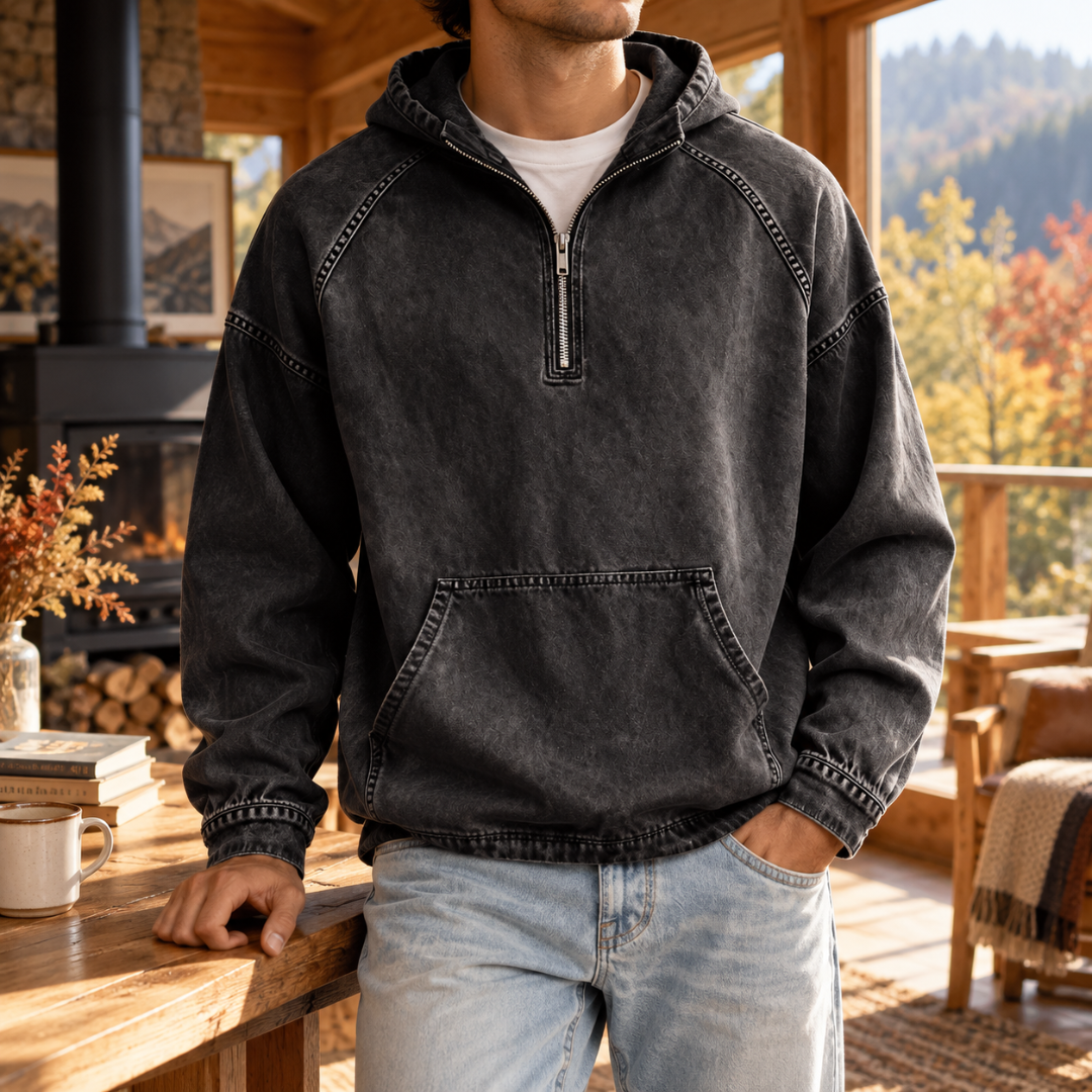 Sweat à capuche homme noir délavé à demi-zip, manches raglan et poche ventrale