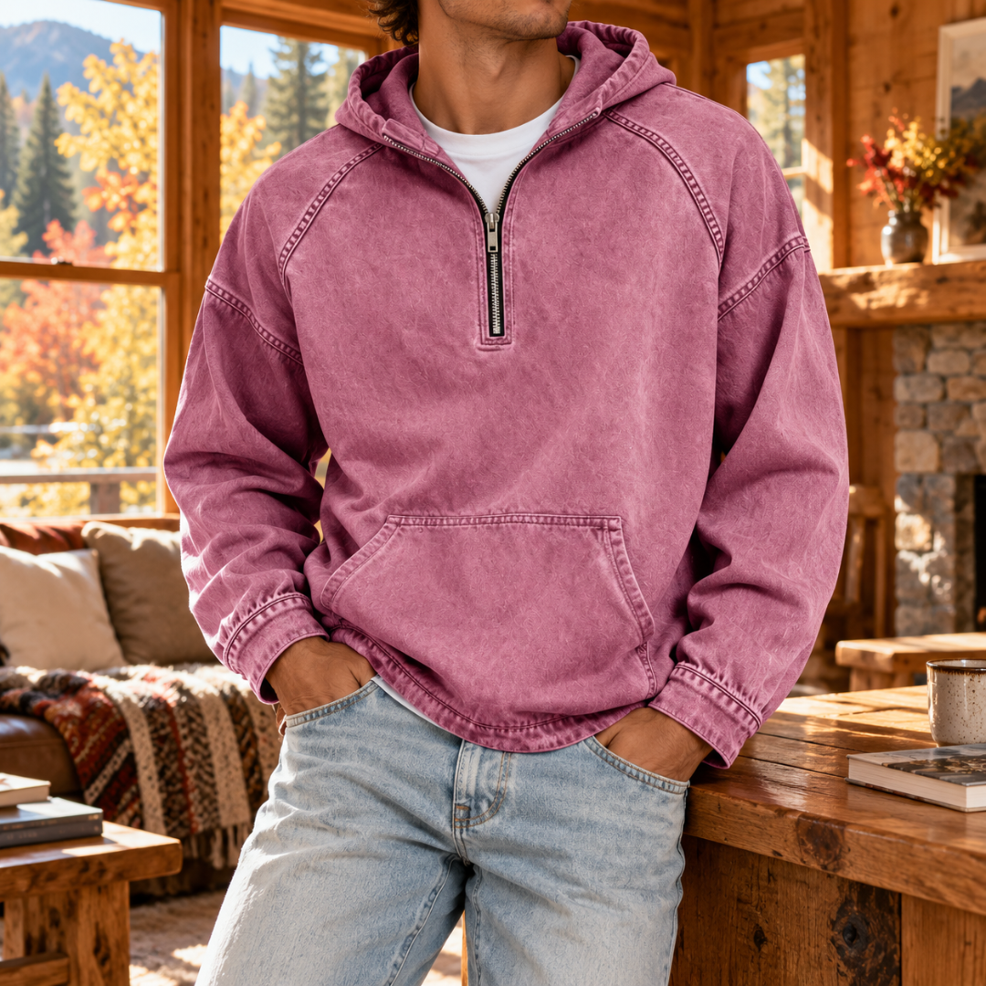 Sweat à capuche homme rose délavé avec demi-zip et manches raglan surpiquées