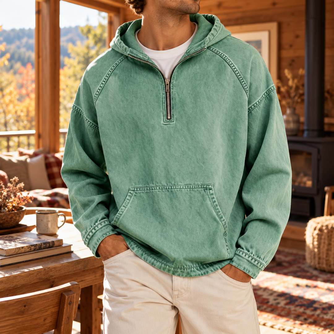 Sweat à capuche homme vert clair délavé, demi-zip métallique et poche kangourou
