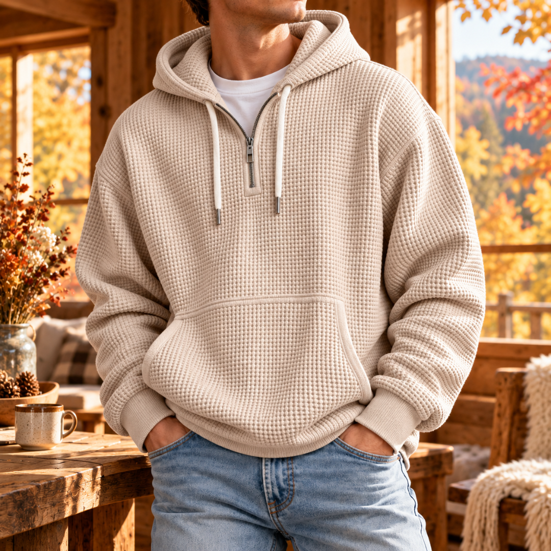 Sweat à capuche homme beige à texture gaufrée avec demi-zip et poche kangourou