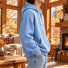 Vue de profil du sweat à capuche bleu ciel avec poche kangourou et poignets côtelés
