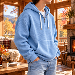 Sweat à capuche bleu ciel porté avec un pantalon clair, fermeture demi-zip ouverte