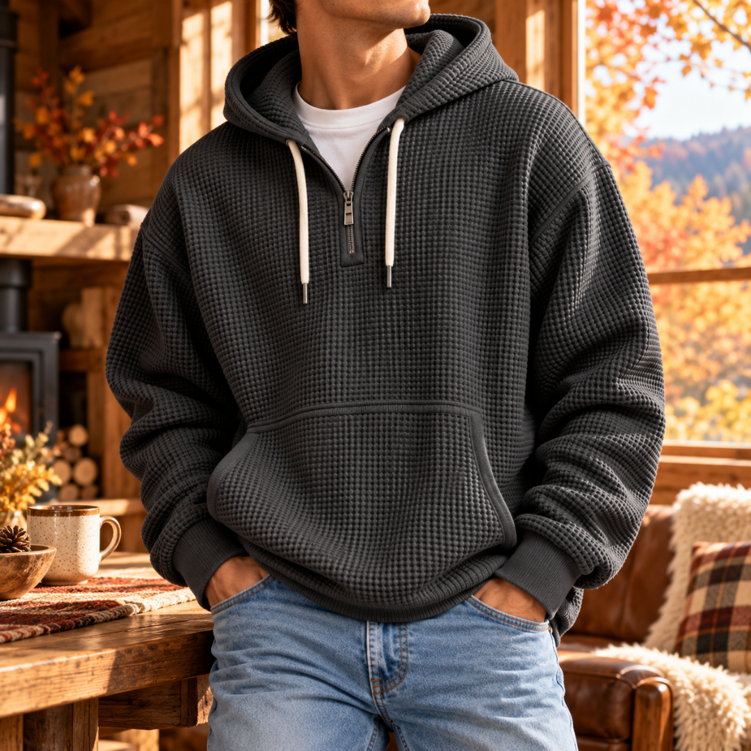 Sweat à capuche homme gris foncé à texture gaufrée, capuche et poche kangourou
