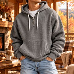 Sweat à capuche homme gris gaufré avec fermeture demi-zip et capuche à cordons blancs