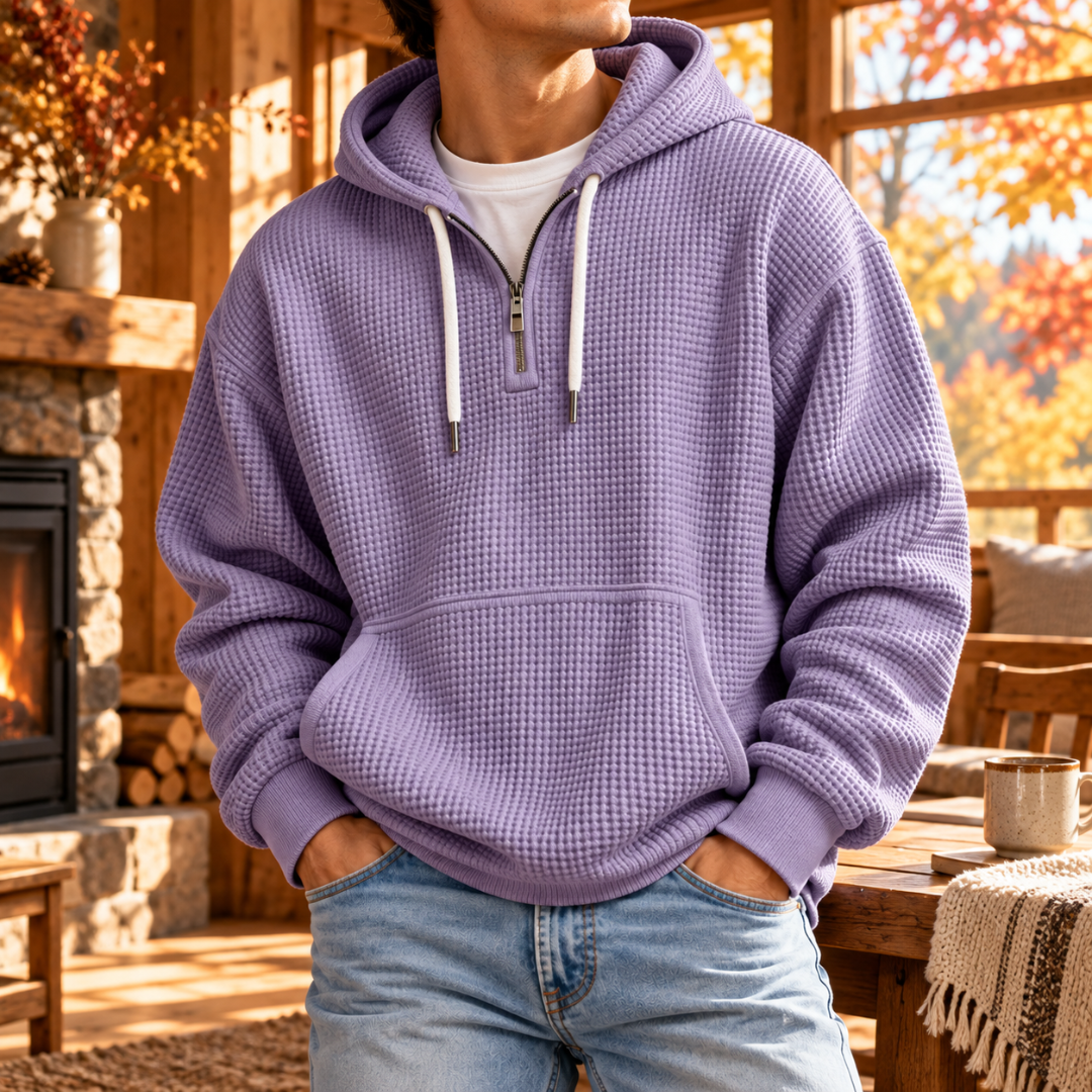Sweat à capuche homme lavande à texture gaufrée, cordons blancs et poche devant