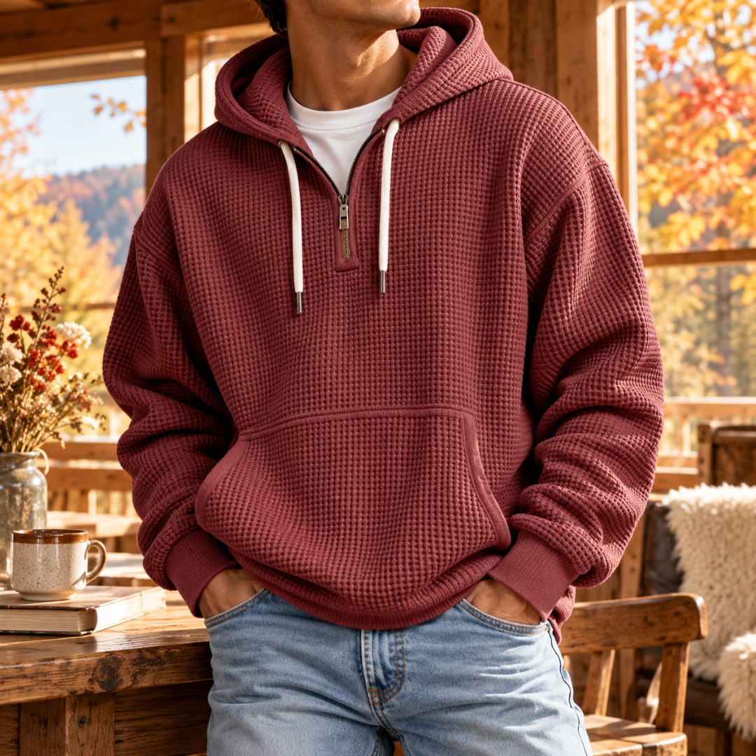 Sweat à capuche homme rouge profond à texture gaufrée et demi-zip métallique