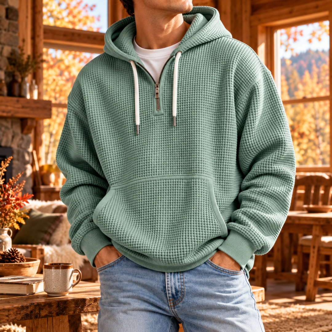 Sweat à capuche homme vert clair gaufré avec demi-zip et poignets côtelés
