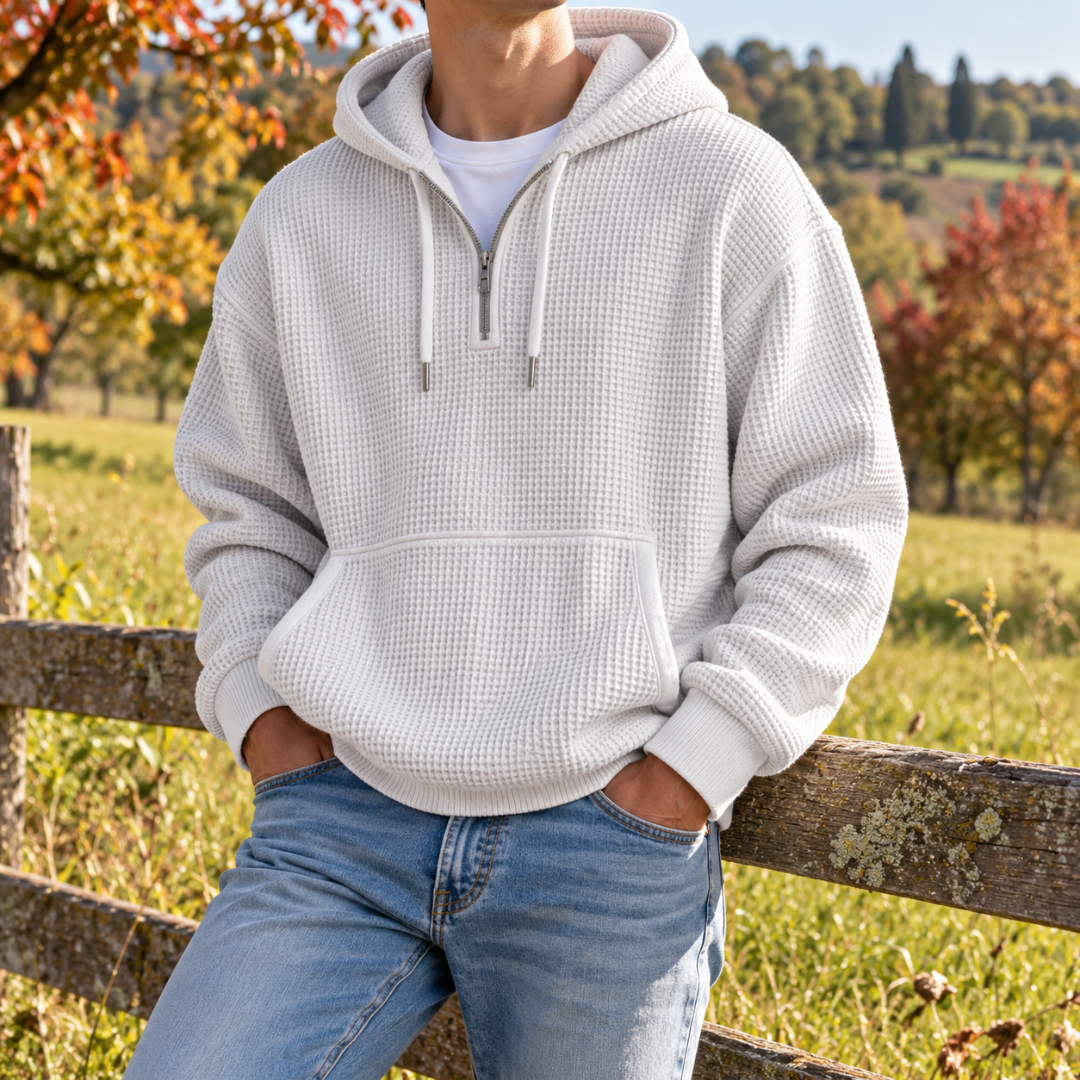 Sweat à capuche blanc homme à demi-zip, texture gaufrée et poche kangourou