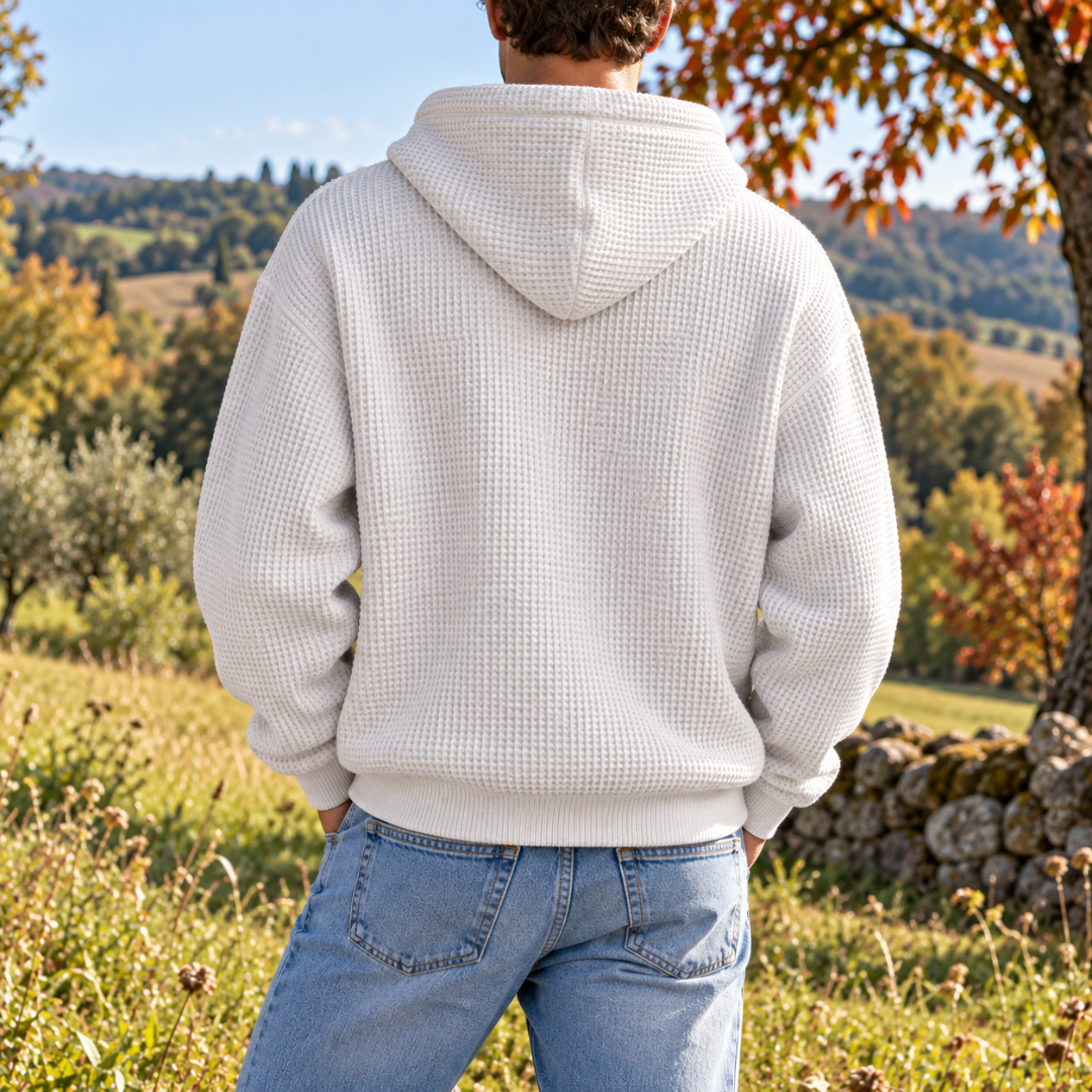 Dos du sweat à capuche blanc homme montrant la capuche et la texture gaufrée