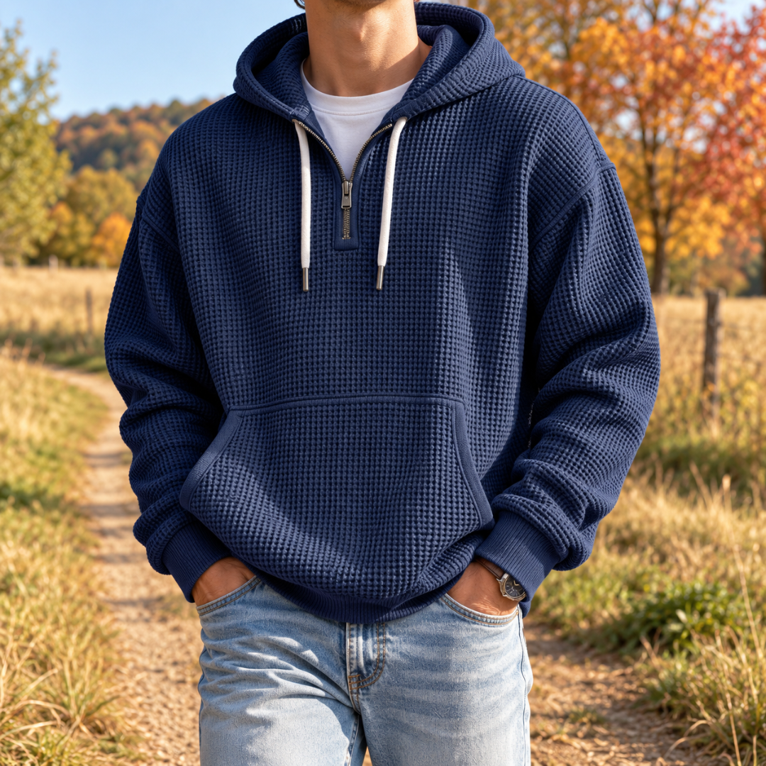 Sweat à capuche bleu marine homme avec demi-zip, poche kangourou et bords côtelés