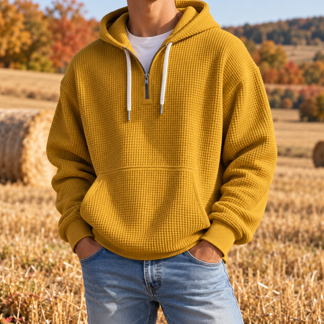 Sweat à capuche jaune homme à demi-zip, manches longues et poche kangourou