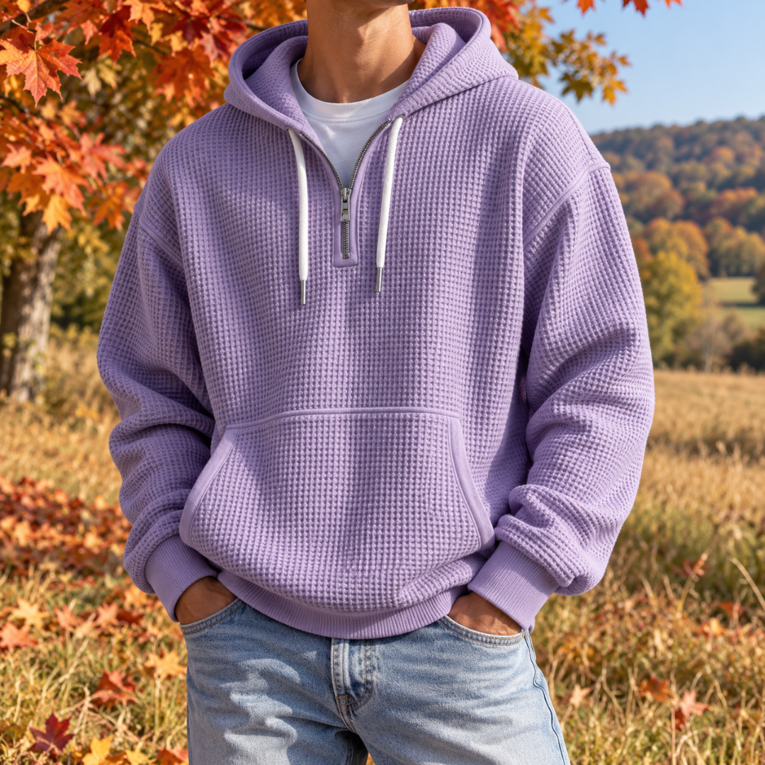 Sweat à capuche lavande homme à demi-zip, poche kangourou et bas côtelé
